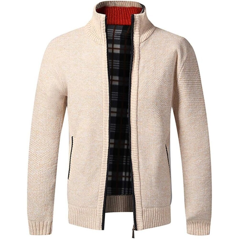 Men's Beige Casual Slim Full Zip Knitted Polyester Cardigan Sweater with Pocked